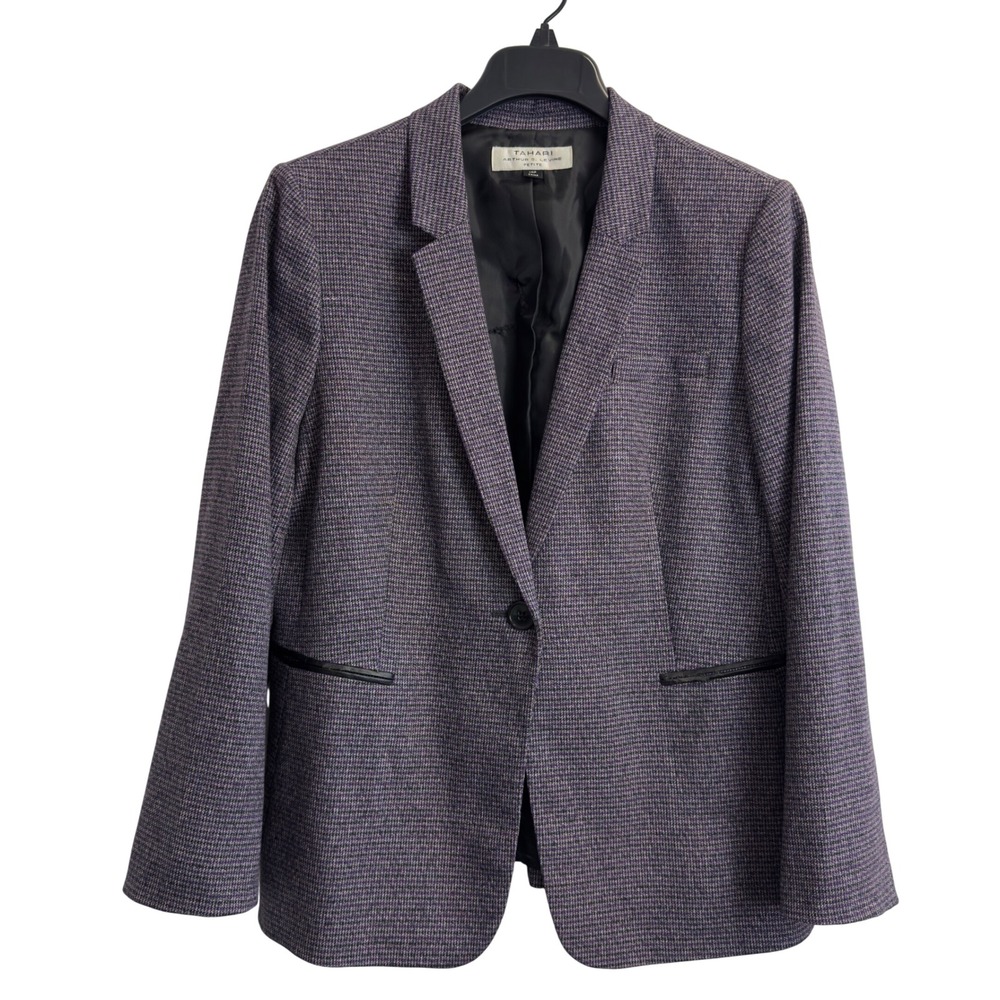 Tahari Arthur S Levine Petite Blazer 14P Purple Houndstooth‎ Faux Leather Trim